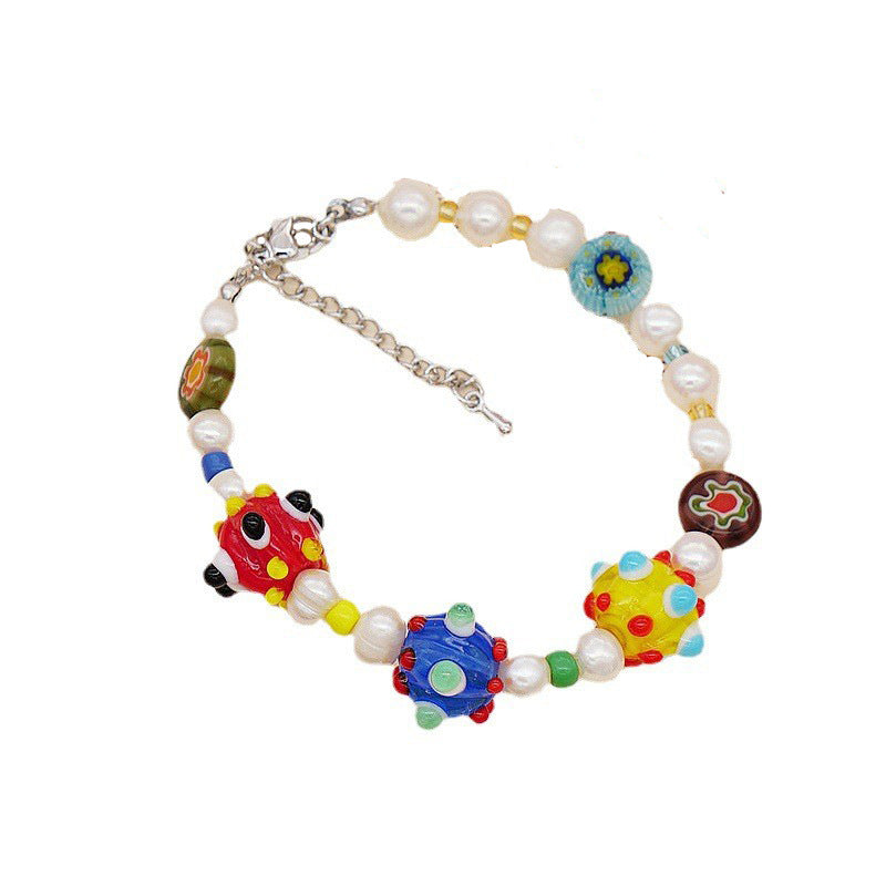 Wholesale Dopamine Candy Cube Freshwater Pearl Stitching Thousand Flower Glass Beads Bracelet
